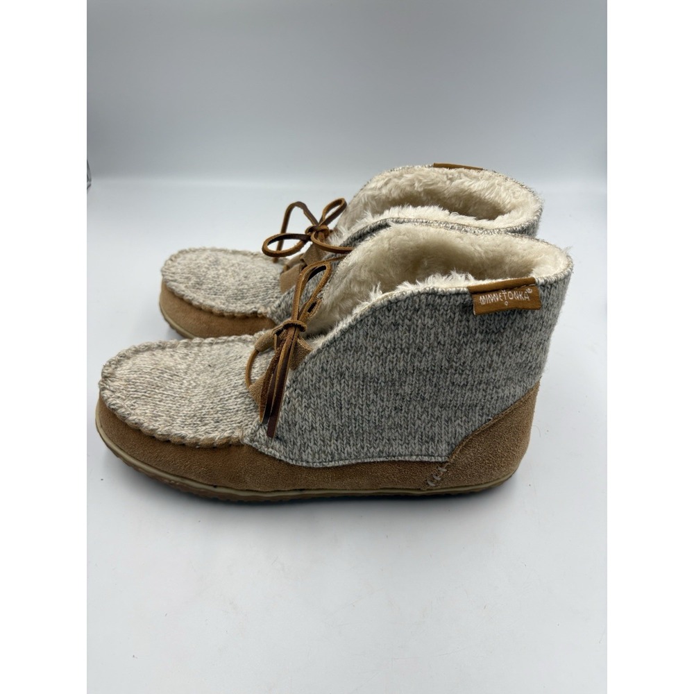 Minnetonka 40141 Women's Bootie Slippers Faux Fur Lined Lace-Up Gray/Brown 9M